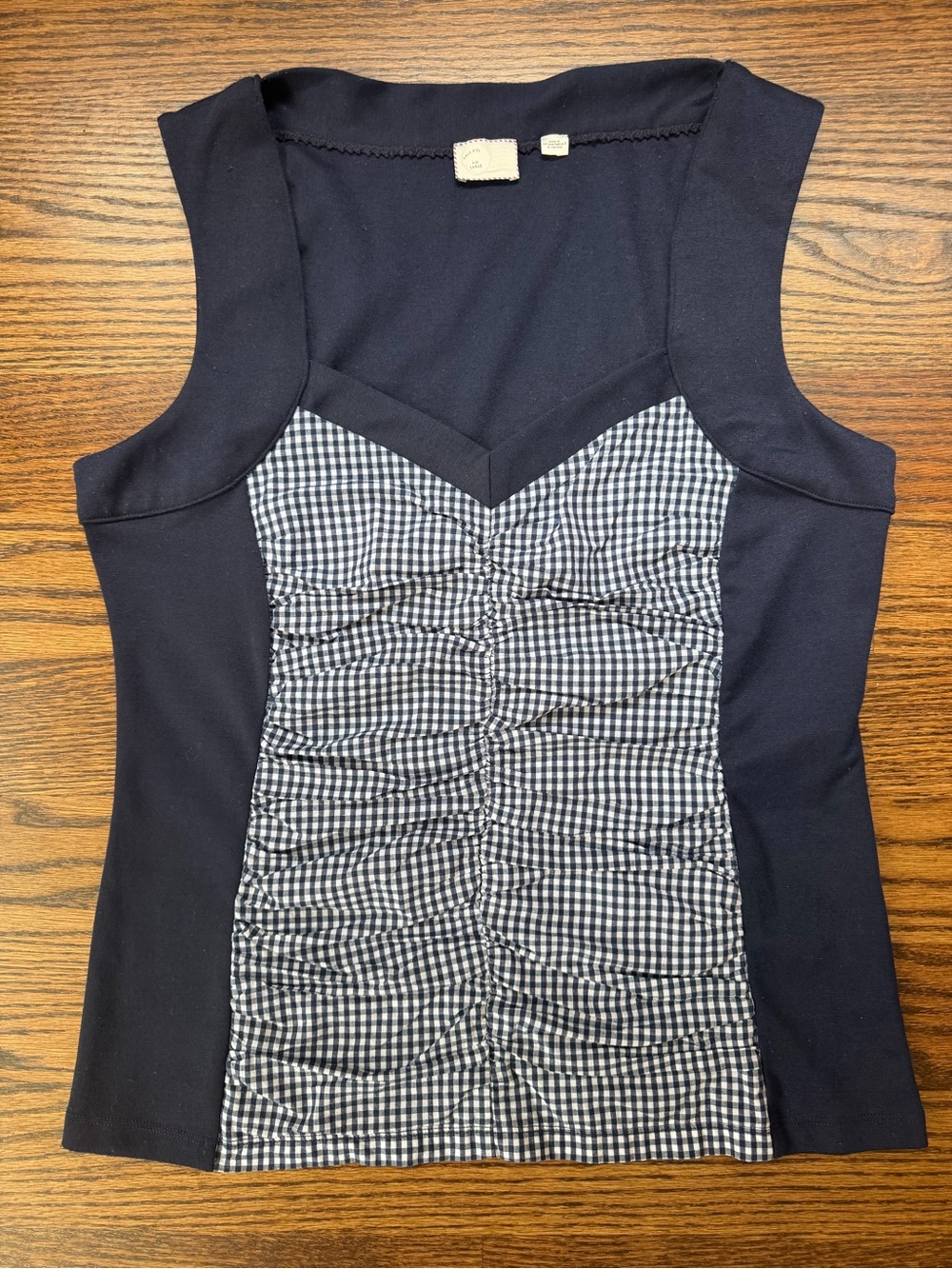 Anthropologie Sleeveless Navy & White Gingham Ruched Front Top
